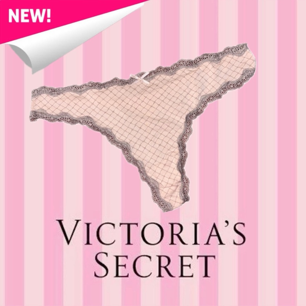 Victoria’s Secret Pink Grid Print Lace Trim Thong Panty Size L